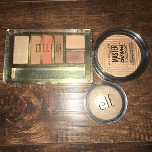 Milani eyeshadow, Maybelline & elf highlighter